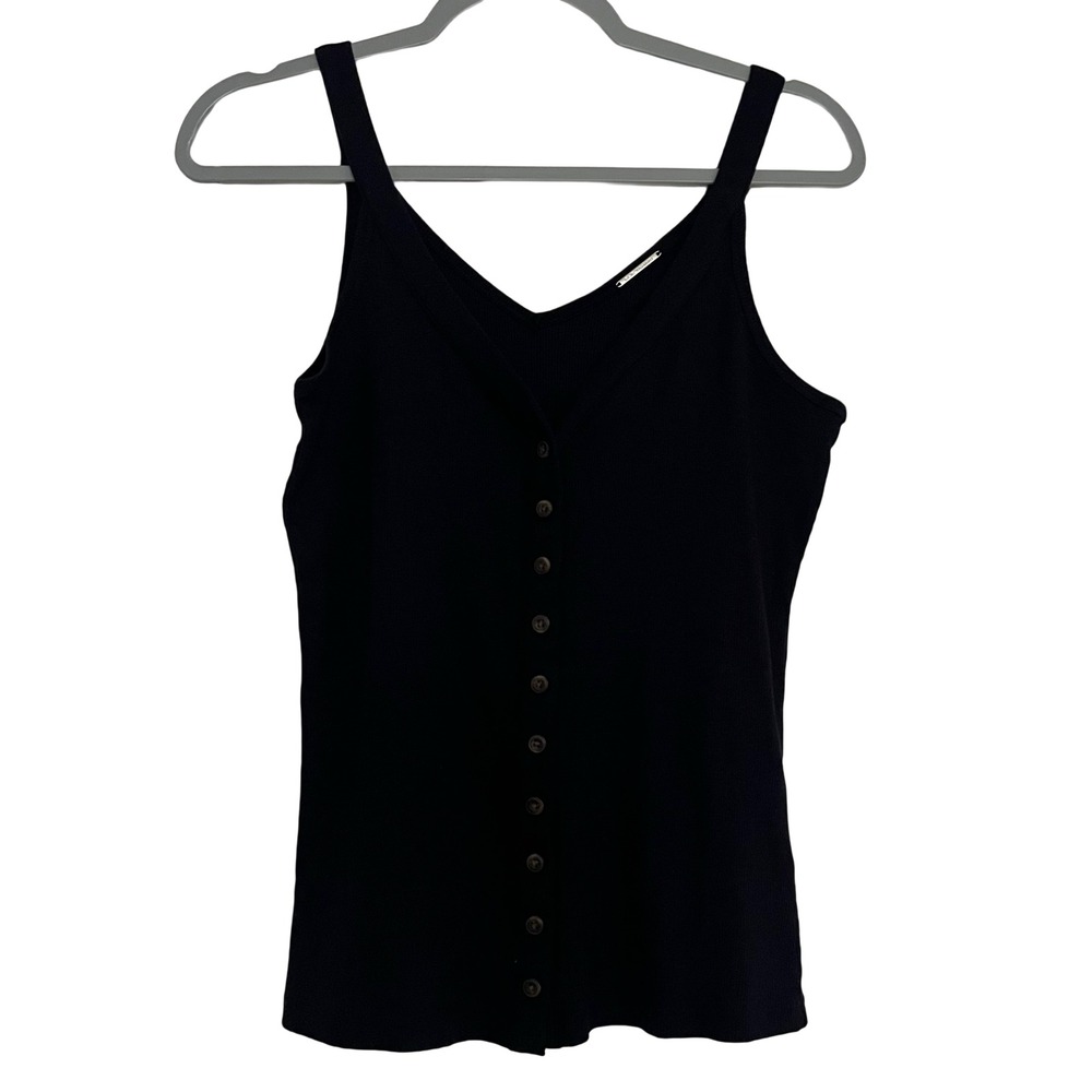 Elie Tahari Tank Top Womens Small Black Ribbed V-Neck Button Front Excellent